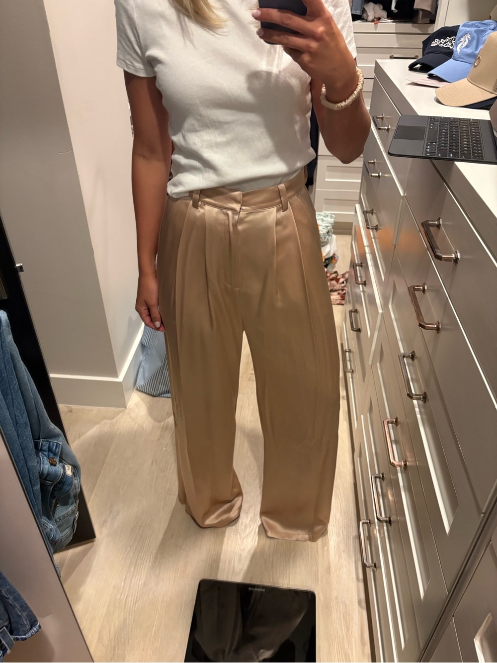 NONchalant Satin Wide-Leg High-Rise Pants in Beige-Tan